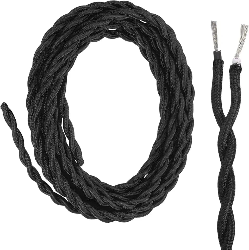 uxcell 15Ft Twisted Cloth Covered Lamp Wire, UL Listed 18AWG 2 Conductor Fabric Vintage Industrial Cord, Braided Electrical Wire for DIY Lamp Parts Lighting Project, Black