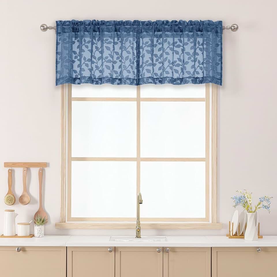 Chyhomenyc Dusty Blue Sheer Valances for Windows 14 Inch Length 2 Pcs, Light Filtering Leaf Textured Cafe Short Kitchen Curtains, Top Small Curtain for Living Room Bedroom Basement, 42" W x 14" L