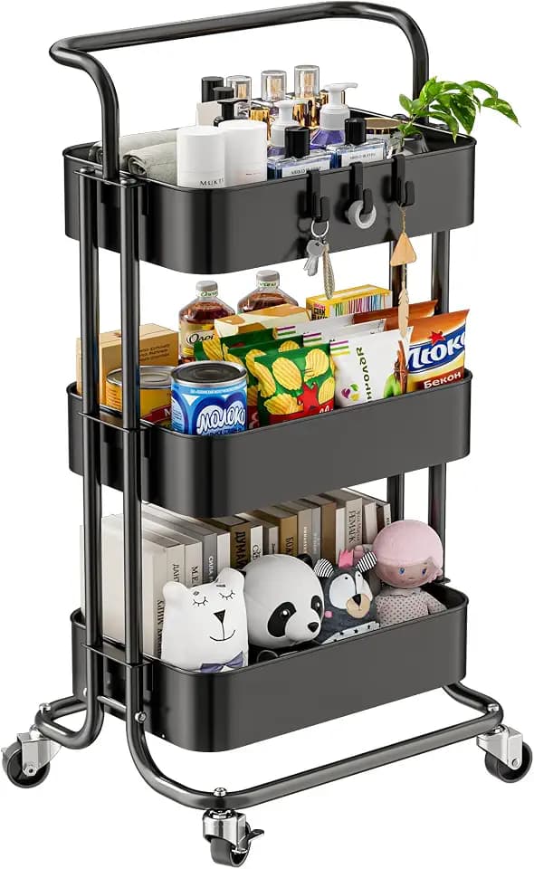 3 Tier Mesh Utility Cart, Rolling Metal Organization Cart with Handle and Lockable Wheels, Multifunctional Storage Shelves for Kitchen Living Room Office, Black