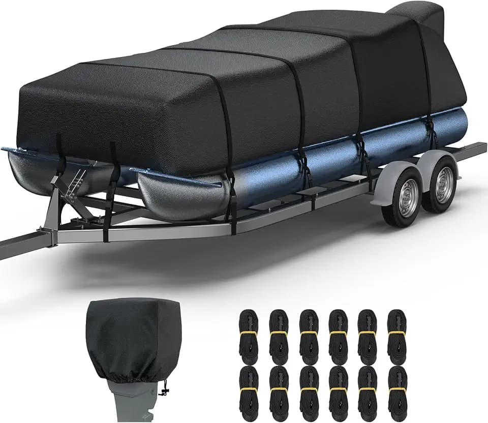 RVMasking Pontoon Boat Cover, 1400D Reinforced, Motor Cover, 21-24ft, Black