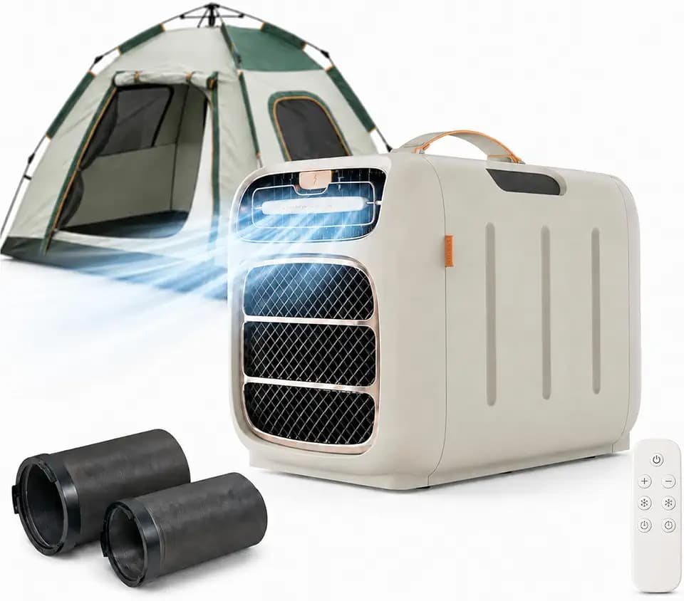 AZEUS Compact Portable Air Conditioner, 420W 110V Remote Control AC Unit for Tent RV Small Room and Truck Cabin, 1400W Cooling Capacity, Fan Dehumidifier Sleep Timer, Champagne