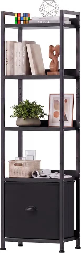 OLIXIS 5 Tier Bookshelf with Fabric Drawer, Tall Narrow Bookcase with Shelf