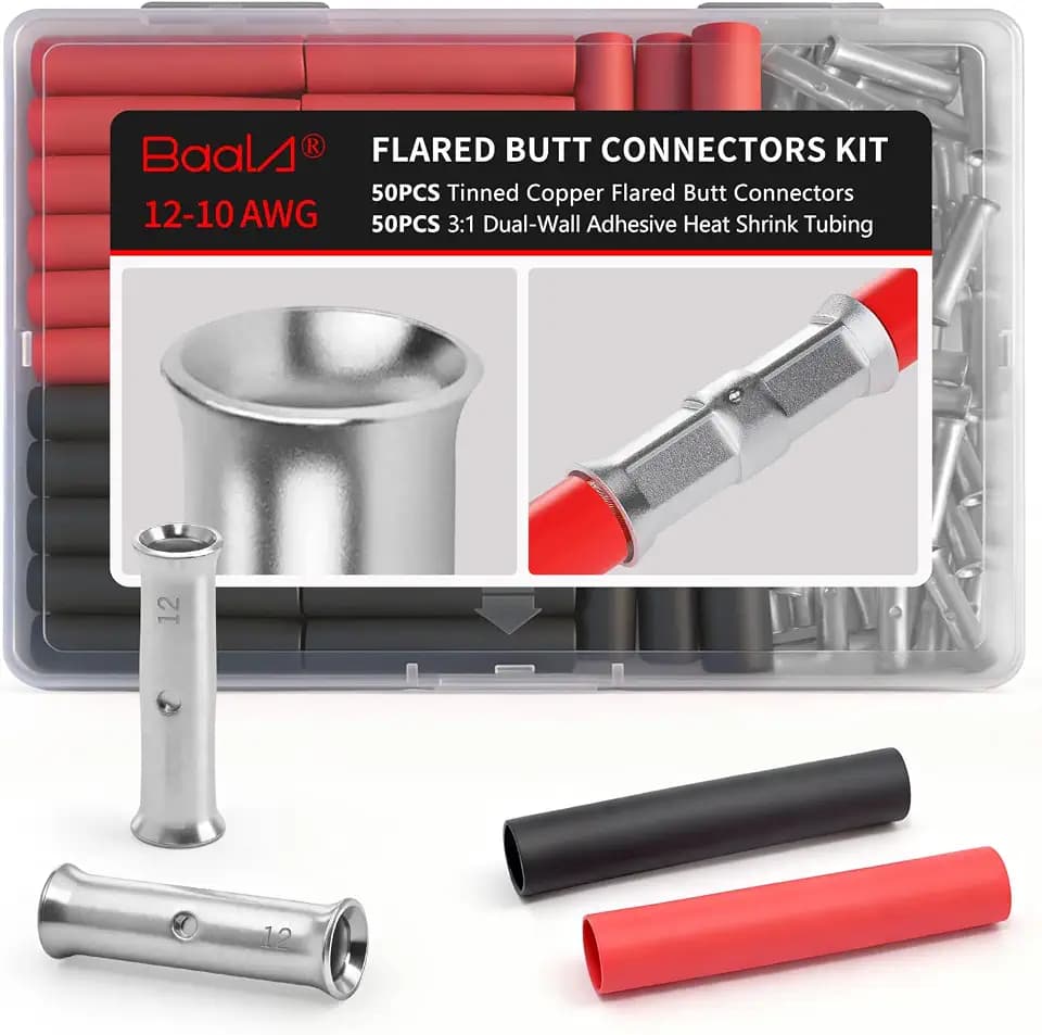 BAALA 50 PCS 12-10 Gauge Flared Barrel Butt Connectors, Crimp Butt Splice Connector Kit, Tinned Copper Non-Insulated Butt Connectors for 14-12-10 AWG Wire Splice, with 50 PCS 3:1 Heat Shrink Tubes