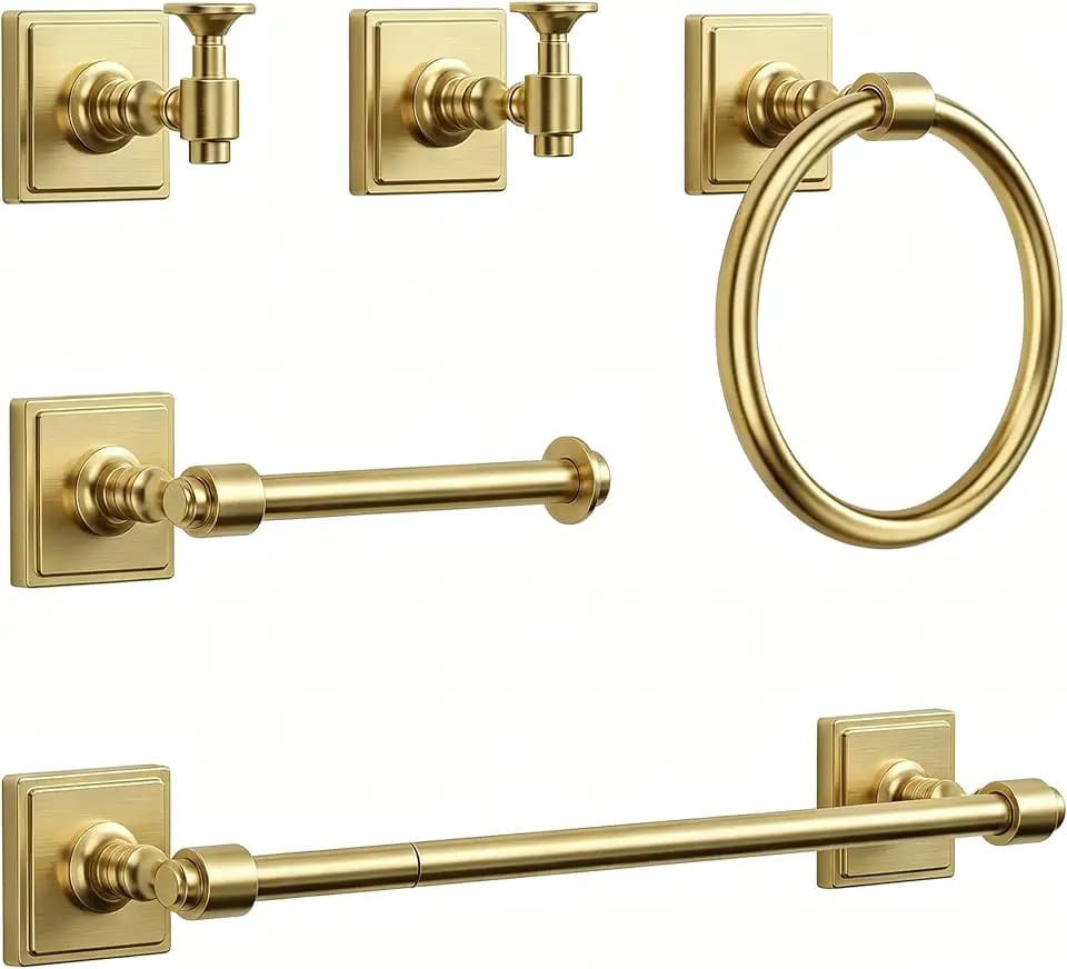 VEHCIL Brushed Gold Bathroom Towel Bar Set, 5 Piece Bathroom Hardware Accessory Set, SUS304 Stainless Steel 24" Towel Rack Holder Set for Bathroom, Wall Mounted