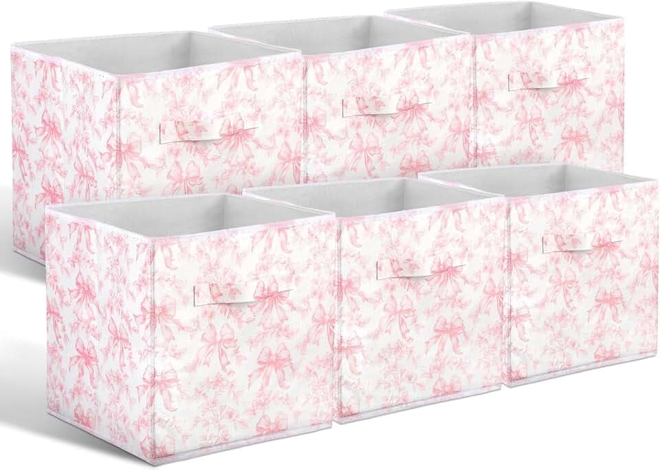 Geelin 6 Pcs Pink Floral Bow Cube Storage Bins 11 in Basket with Handle