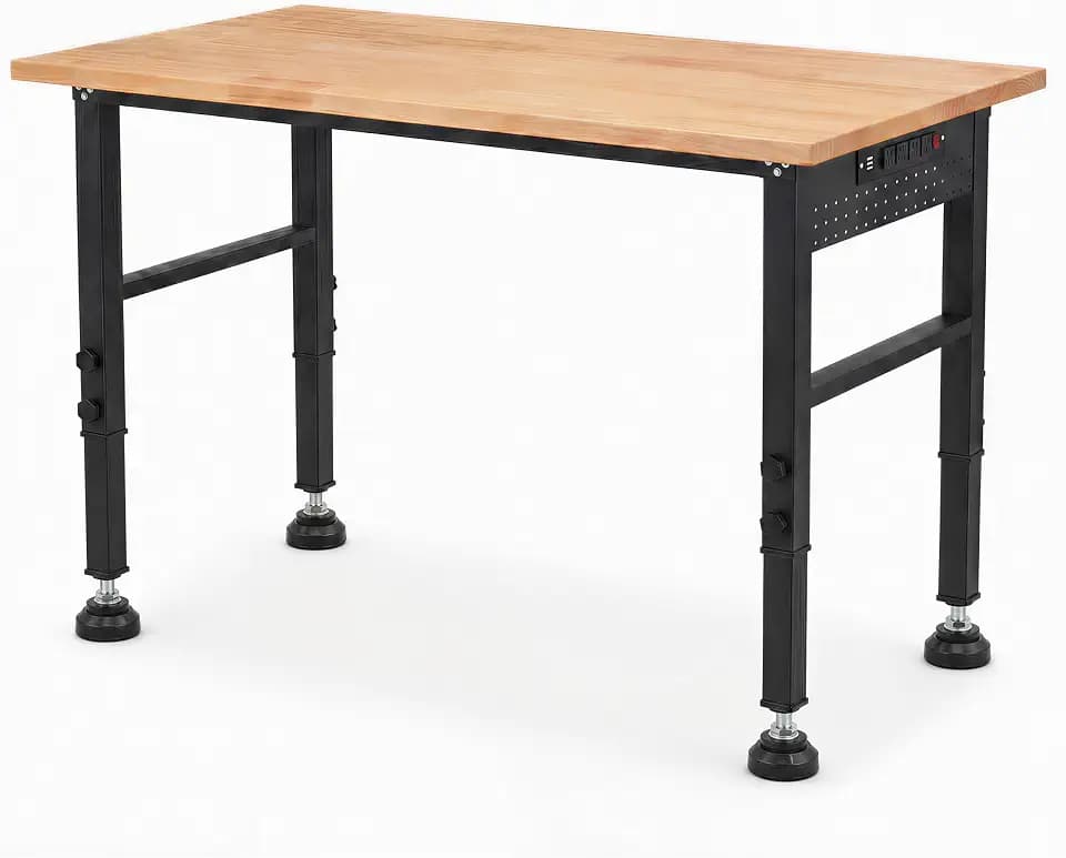 48" Workbench with Footpads, Adjustable Height Work Bench with Rubberwood Top, Built-in Power Outlet with 4 AC Outlets and 2 USB Ports, 2000 LBS Capacity for Garage, Workshop and Home