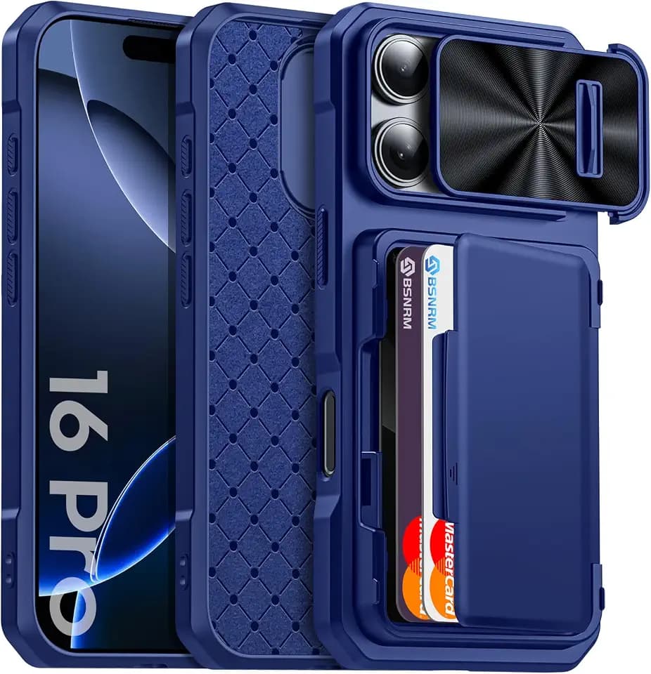 for iPhone 16 Pro Case Wallet, Hidden Card Holder (4 Cards), Pop-up Camera Cover, Military Grade Protection, Durable Kickstand Heavy Duty Men Women Shockproof Case for iPhone 16 Pro(Blue)
