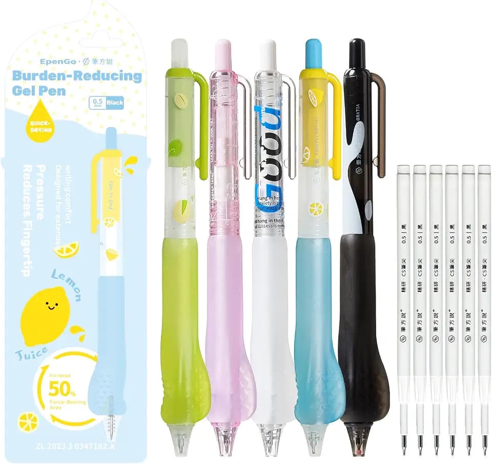 0.5mm Retractable Black Gel Pens, Soft Cushion Grip 5 Pens+6 Refills