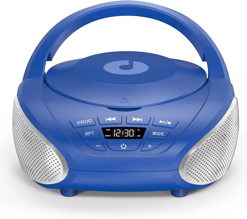 Gueray Tragbarer CD-Player Boombox Kompakt-Radio mit Stereo-Lautsprechern UKW-Radio 3,5-mm-AUX-Eingang, Kopfhöreranschluss und LCD-Display für Innenräume Outdoor Reisen & Hörbücher (Blau + Silber)