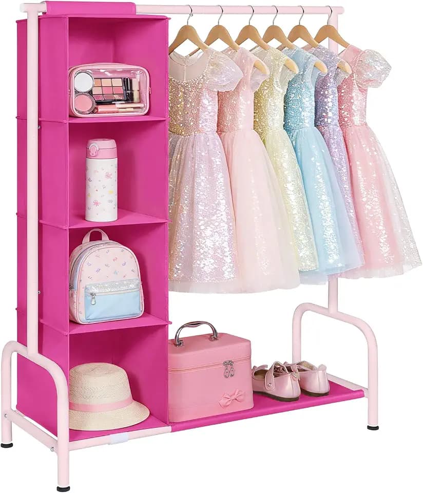 Univivi Kids Clothing Rack with Hanging Organizer, Rose Red and Pink