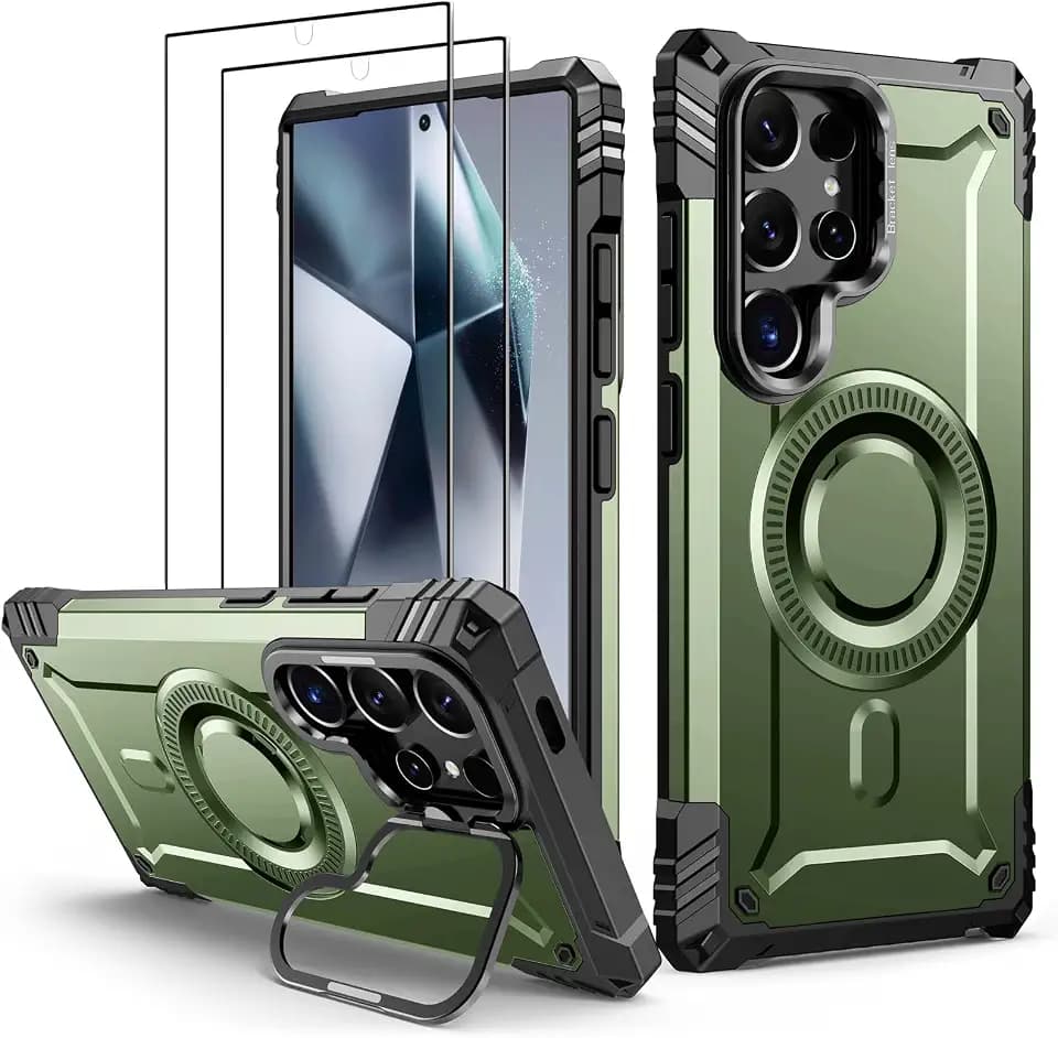 Lanhiem für Samsung Galaxy S24 Ultra Hülle für Magsafe mit Kamera Ständer und 2 Stück Schutzfolie, Handyhülle für Samsung S24 Ultra Schutzhülle Militär Stoßfest Case, Grün