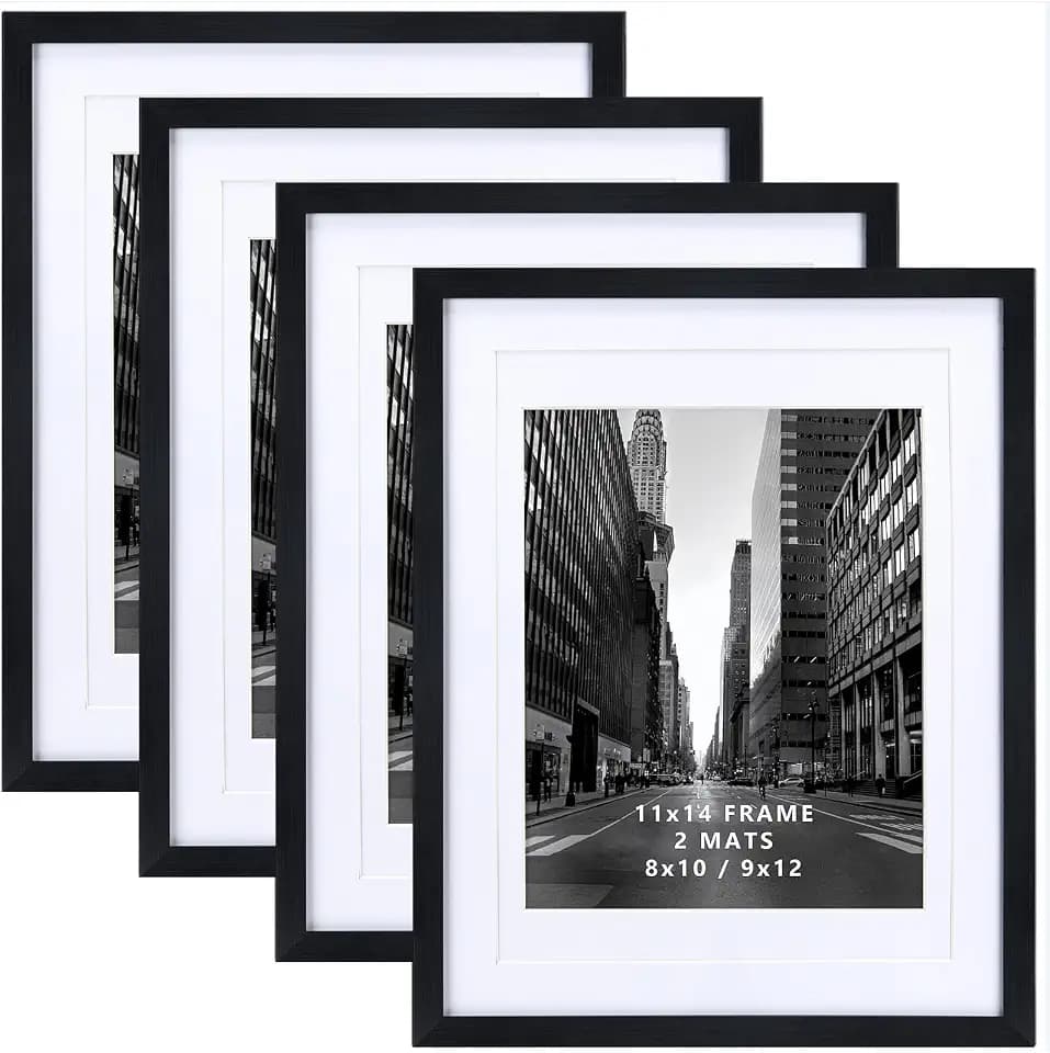 Giftgarden 11x14 Picture Frame Set of 4, Matted to 8x10 or 9x12 Photos with Double Mats, Display 14x11 Poster without Mat, Wall Mounting, Black