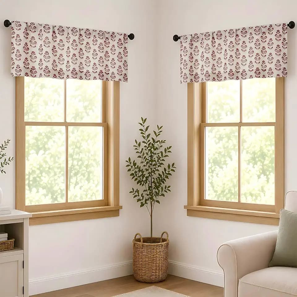 Floral Valance Curtains - Small Window Valances, Wine Faux Linen Printed Light Filtering Short Curtain for Living Room Basement Farmhouse, Rod Pocket 2 Panels 52W x 18L Inch