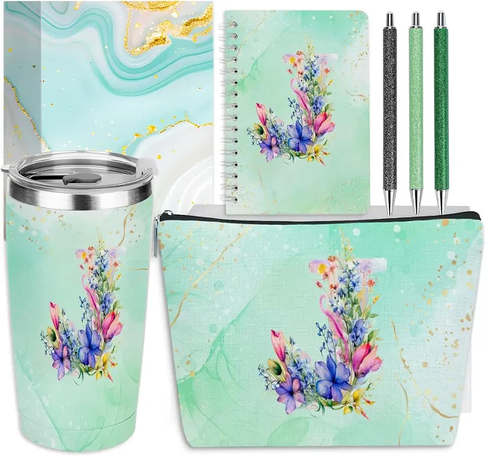 Personalized Gifts Monogrammed Birthday Gifts for Women, Maid of Honor Bachelorette Wedding Christmas Initial 20 oz Tumbler, Makeup Bag Cup Pens Journal Notebook 6 Set, (Aesthetic Green Flower J)