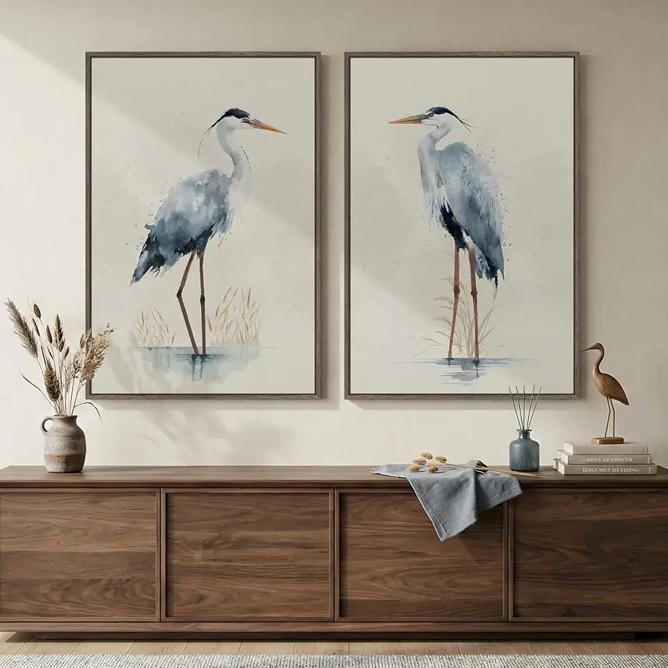 Large Framed Vintage Neutral Blue Heron Bird Wall Art, 2 Piece 24x36 In