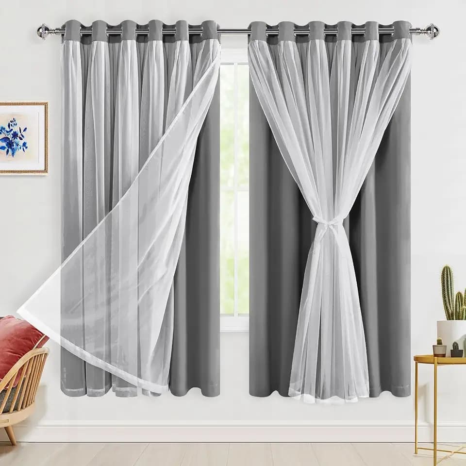 Hiasan Blackout Curtains with Sheer Overlay, Grey, 70W X 63L, 2pcs