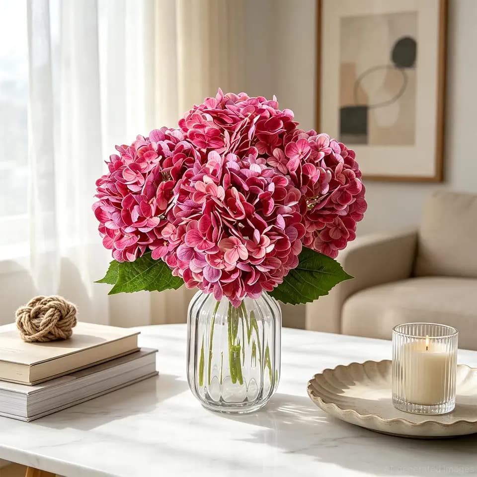 4 Pcs Rose Pink Hydrangea Artificial Flowers with Stems Faux Bouquet