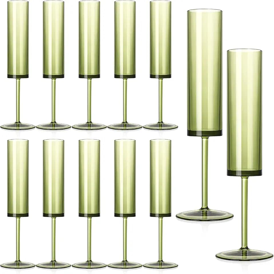 12 PCS Green Champagne Flutes Plastic 5.4OZ Clear Acrylic Champagne Glasses Long Stem Champagne Flutes Sparkling Wine Glasses Sage Green Champagne Glasses FOR Wedding Cocktail Cups Cava Prosecco