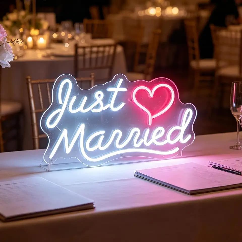 Valentines Day Decorations, Just Married LED Neon Sign, Romantic Wedding Reception Bridal Shower Newlywed Party Backdrop Wall Table Decor, USB Powered Dimmable Neon Light 15.7 x 8.3 In