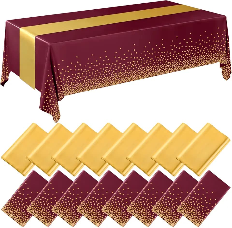 Breling 8 Pack Burgundy and Gold Tablecloths and Satin Runners Set