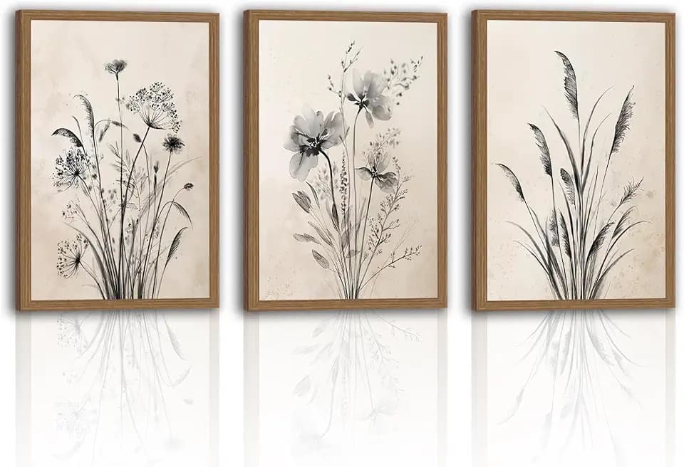 3PcsFramed Vintage Botanical Wall Art, Neutral Rustic Boho Floral Canvas Painting Prints for Modern Farmhouse, Black and White Flower Pictures for Living Room Bedroom Dining Room Wall Decor, 12x16in