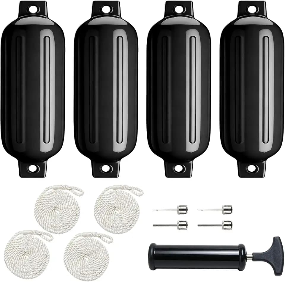 4 Pack 4.5"/6.5" Boat Fenders, Ribbed Twin Eyes Inflatable Marine Bumpers for Docking with 4 Ropes, 4 Needles and 1 Pump, Pontoon Boat Fenders for Yachts, Sailing Dinghies, Bass Boats