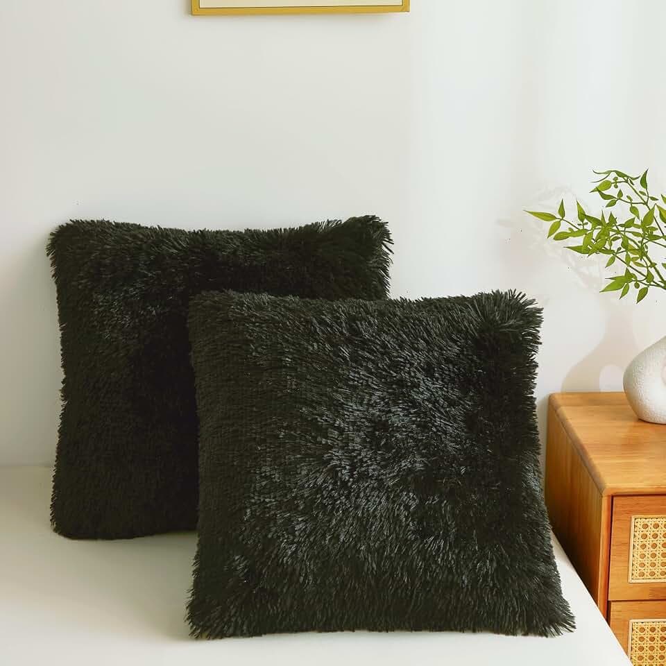 Plush Throw Pillow Covers Black 18"x18" Faux Fur Furry Cushion Covers Shaggy Fuzzy Fluffy Pillow Cases Decorative Pillow Shams with Zipper Set of 2 for Sofa Living Room Bedroom Interior
