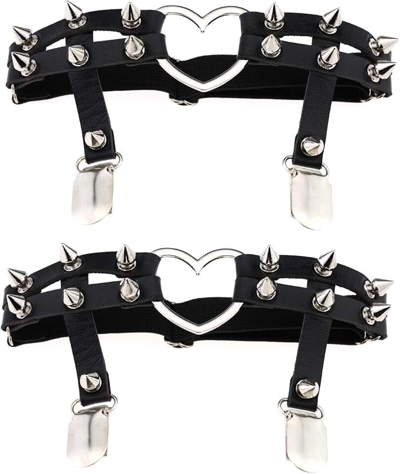 2PCs Adjustable Heart Leg Garter with Anti-Slip Clips, Elastic Studded Thigh Garter for Halloween Parties Cosplay
