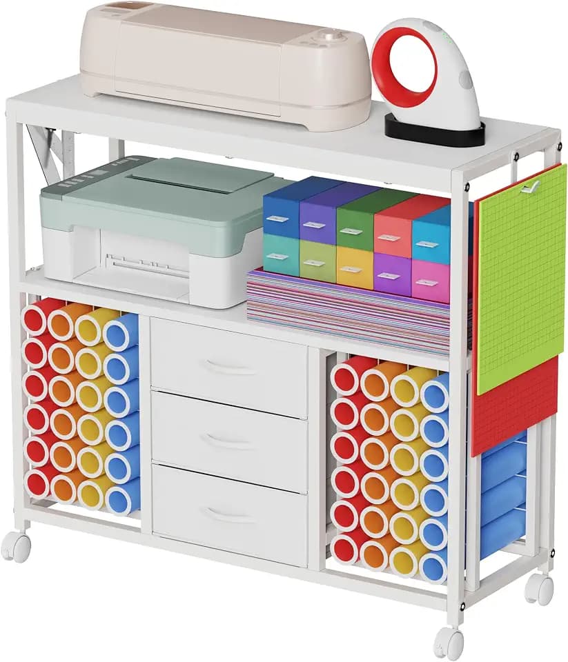 48 Vinyl Roll Holders for Cricut Cart, 32"W Large Craft Cart with 3 Fabric Drawer, Craft Organization and Storage Compatible with Cricut Maker Machine, Crafting Table Workstation, White,Patent Pending