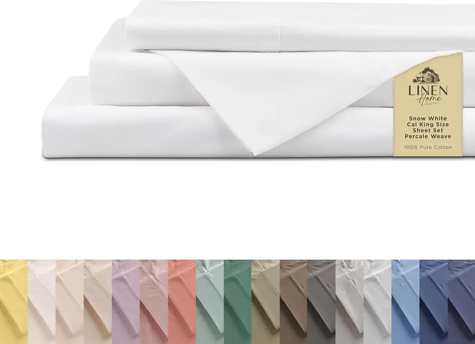 Linen Home 100% Cotton Percale Cal King Sheets 4Pc Cooling Set, Snow White