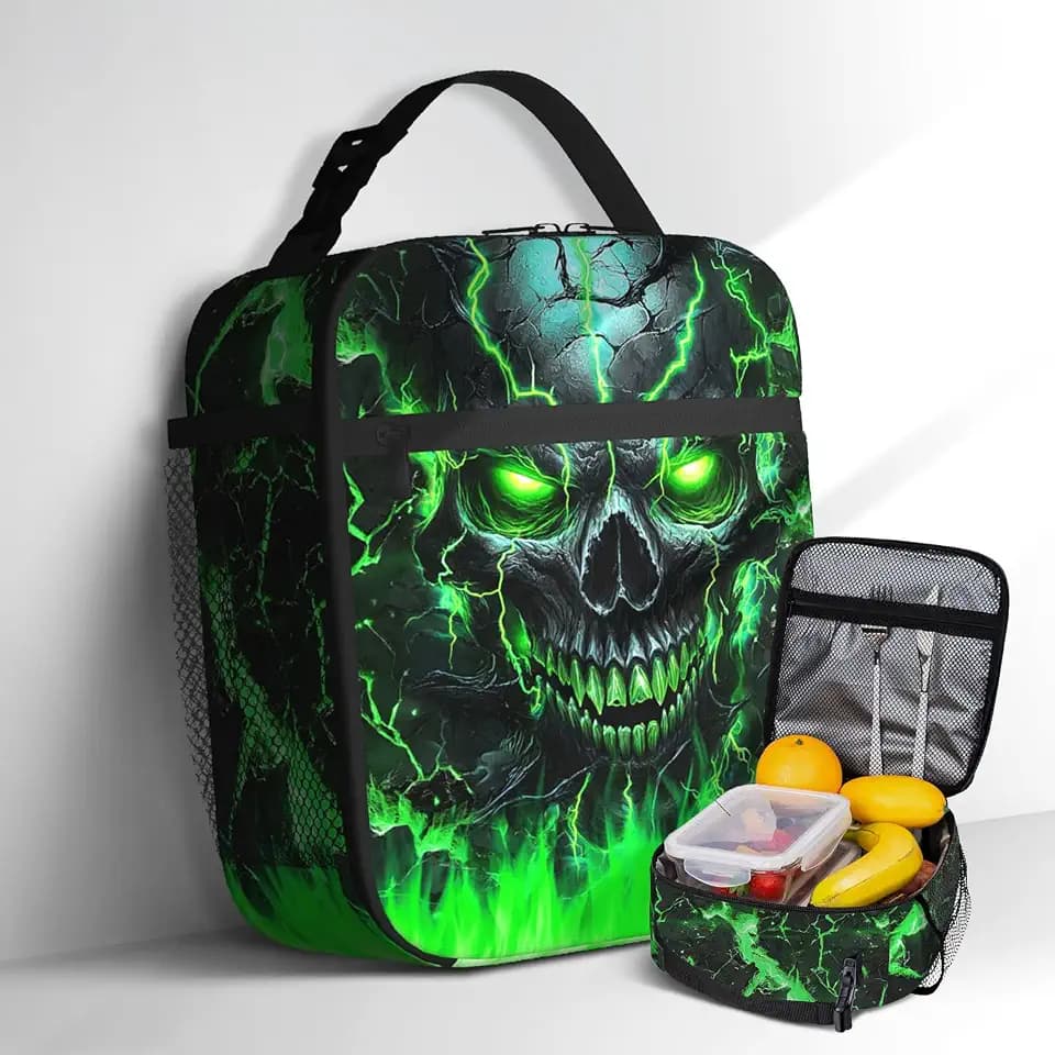 Skull Lunch Box for Boys Girls, Insulated Reusable Green Fire Skull Lunch Bag for Kids Teens Portable Waterproof Leakproof Lunch Tote Bag Boys Lunchbox for School Picnic Travel Beach Back to School