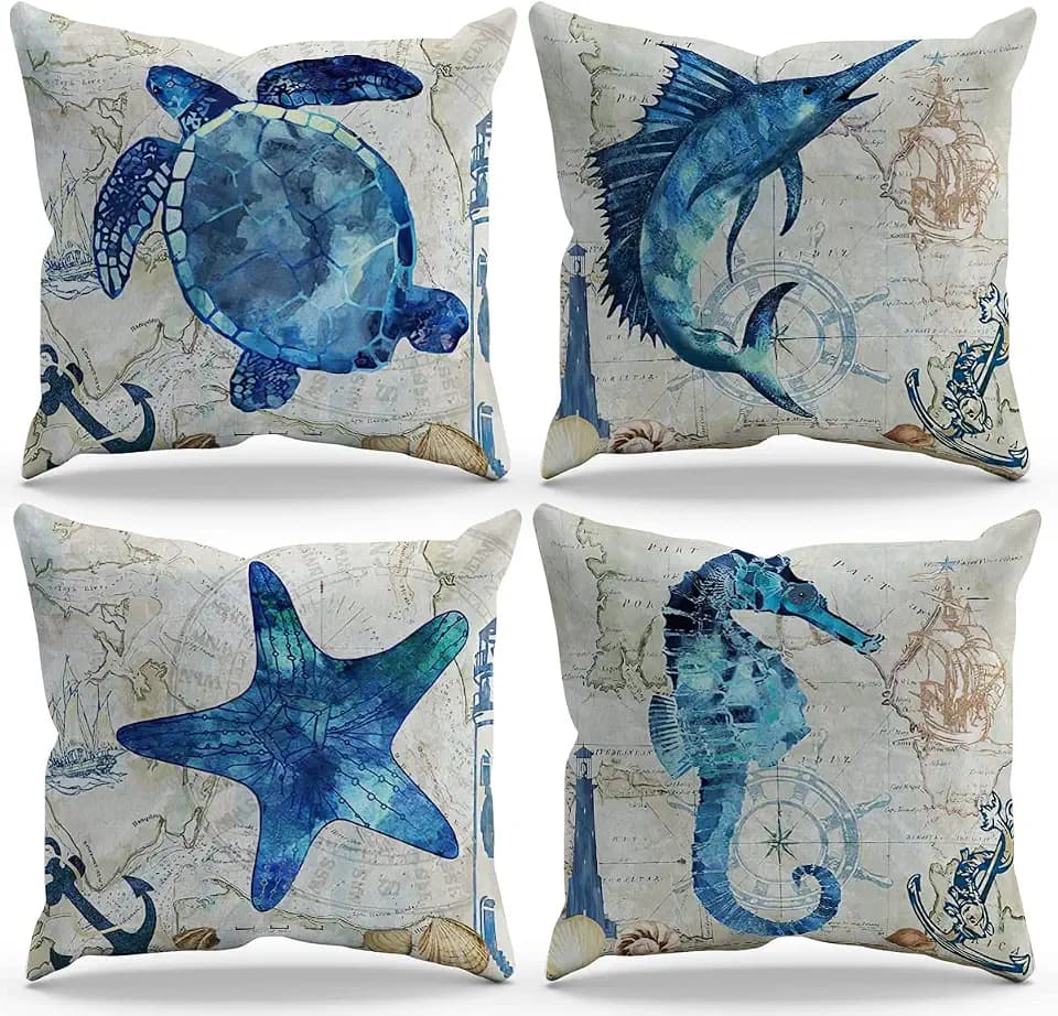 BXFAHZJ Nautical Background Turtle Shark Starfish Seahorse Throw Pillow Cover Pillowcase Farmhouse Sea Life Theme 18x18 Inch Set of 4 Decor for Home Sofa Bed Couch Beach House Gifts for Sea Lovers