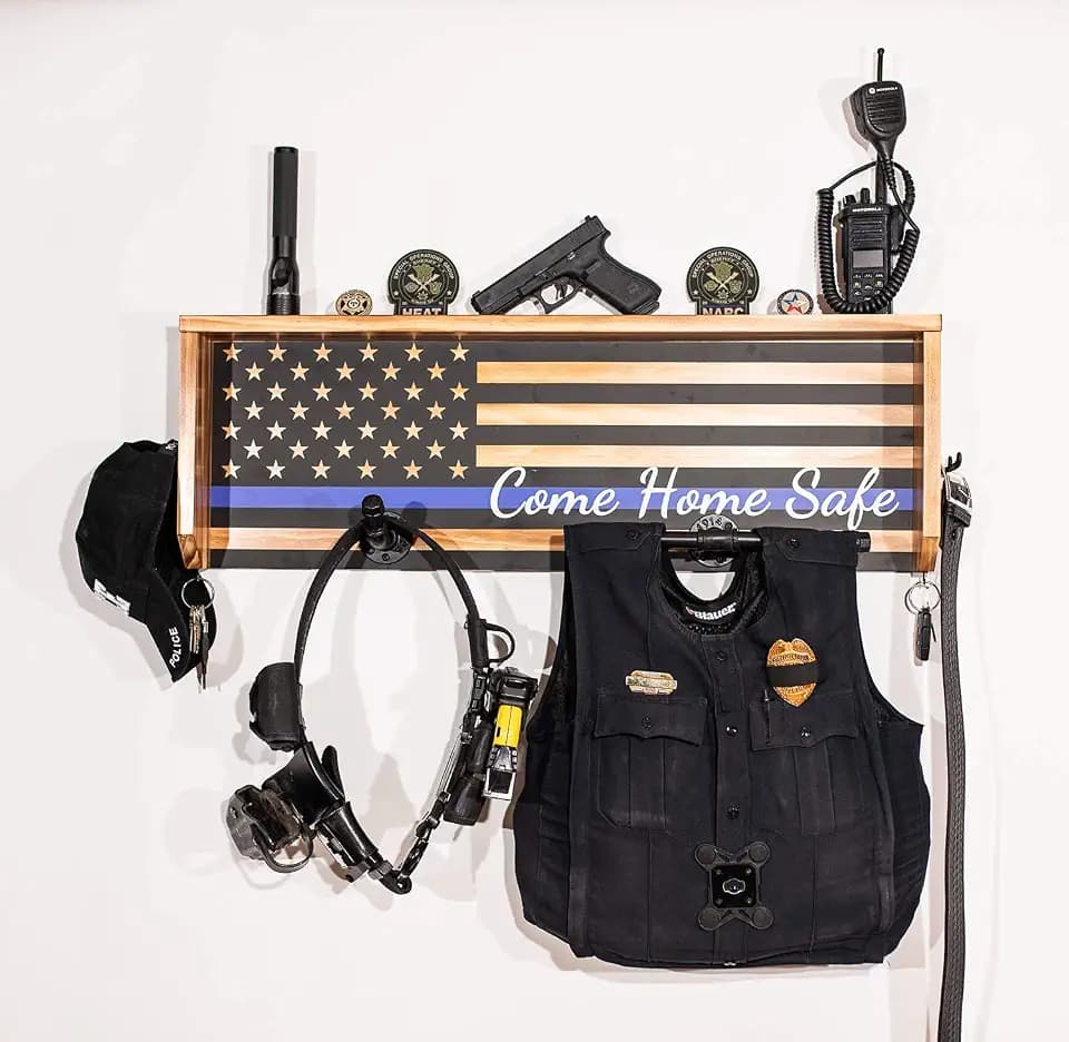 Wall Mounted Tactical Duty Gear Rack with Police Flag – Police Storage Shelf & Law Enforcement Organizer- Police Gift Decor- Thin Blue Line Gift Decor- Challenge Coin Holder