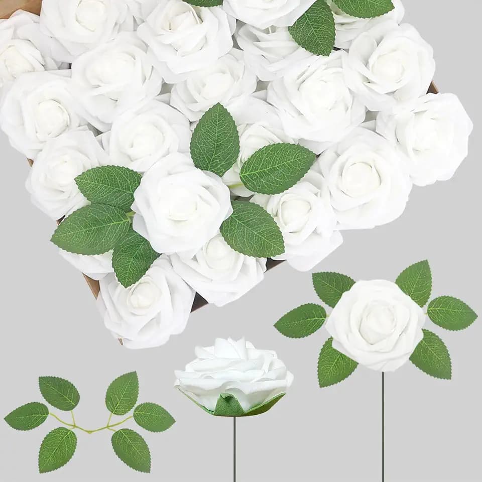 25PCS White Realistic Roses - Artificial Latex Foam Flowers with Bendable Stems & 8PCS Leaves for Wedding, Home and Party DIY Decor