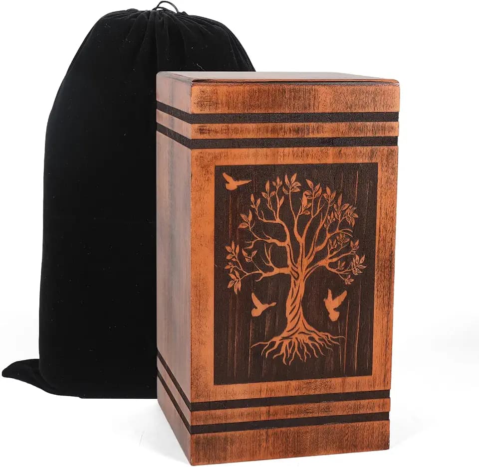 Wooden Cremation Urns for Human Ashes Adult Female Male, Handcrafted Solid Wood TSA Approved Tree of Life Urn for Ashes for Women with Bag, Full Size 300 Cubic Inches Urn (11.4” H)