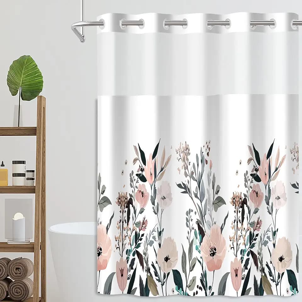 No-Hook Shower Curtain 71x74 with Snap Liner & See-Through Top