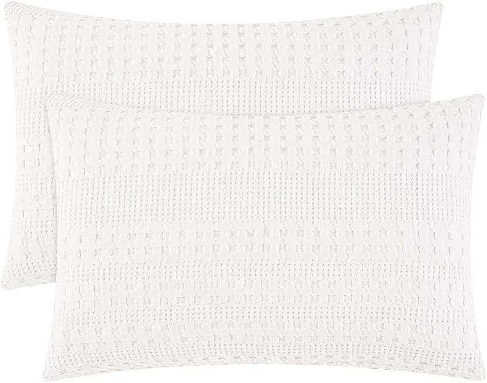 PHF Cotton Waffle Pillow Shams King Size 20" x 36", White, No Insert