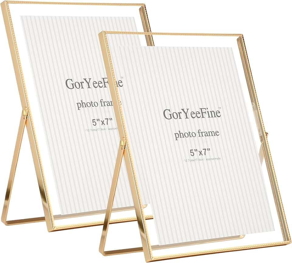 Gold 6x8''Floating Photo Frame Set of 2,For Photo Sizes (3.5x5''4x6''5x7''),Simple Metal beaded floating Picture Frames 5x7'' Gold for Tabletop/Shelf,Classy Gift Choice for Wedding,Thanksgiving