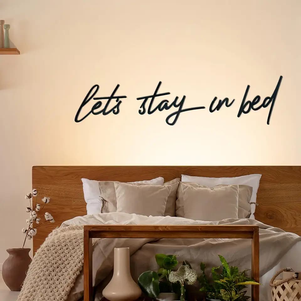 Let’s Stay in Bed Sign Metal Bedroom Wall Decor above Bed, Iron Letters Wall Hanging Art, Farmhouse Wall Art for Bedroom Apartment Office Hotel Decor, Black