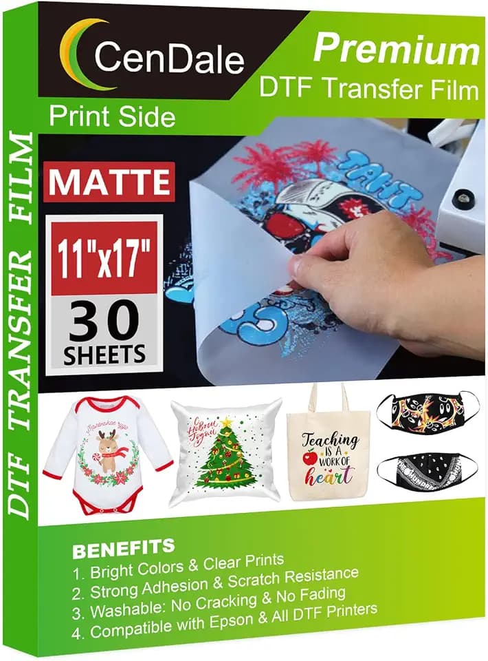 CenDale DTF Transfer Film 11"x17" - 30 Sheets Double-Sided Matte DTF Film for Sublimation Hack, Direct to Film Printing on All Color Fabric and T-Shirts Textile, Hot & Cold Peel DTF Paper