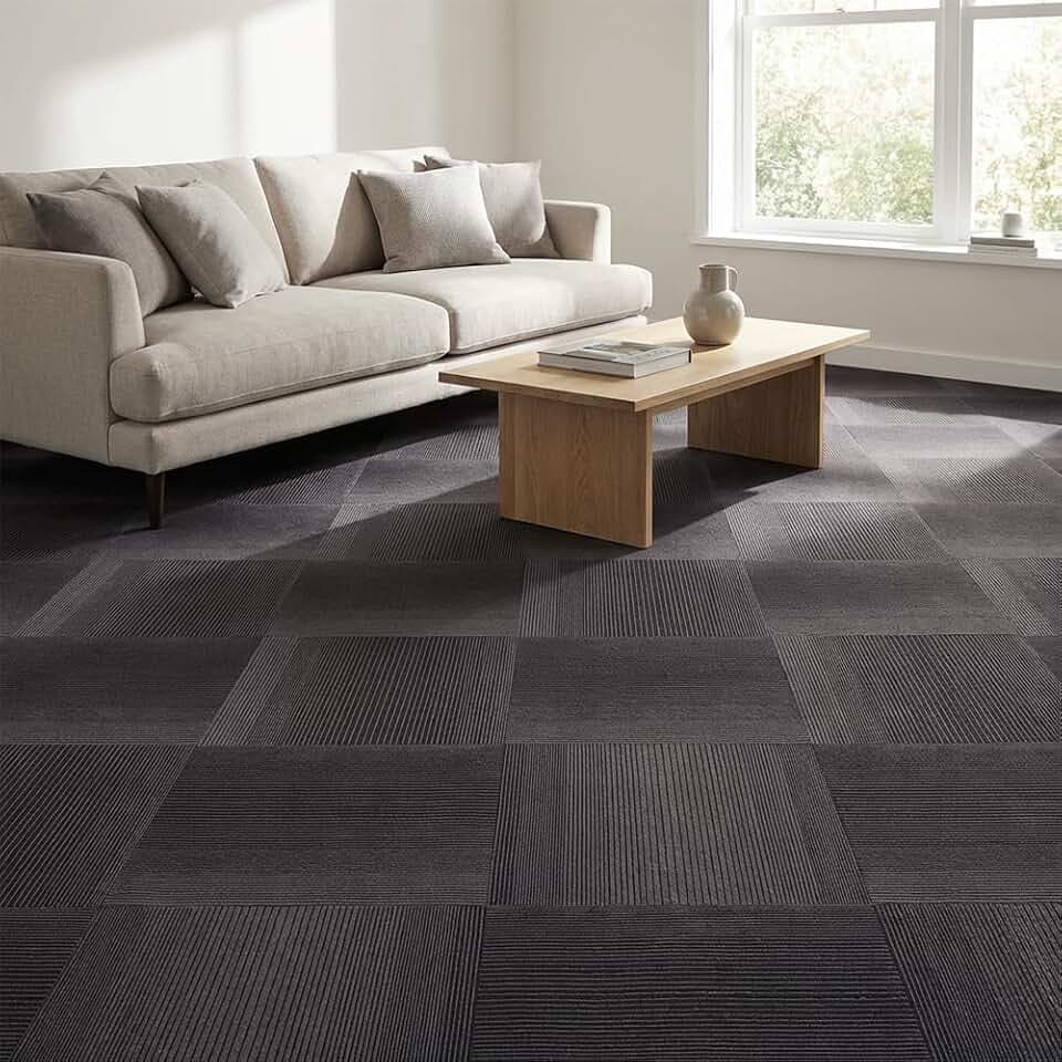 LITA Carpet Tiles Reusable 24" x 24" Squares Indoor/Outdoor 0.25" Pile Height Loop Pile, Non Slip Easy DIY Installation Peel and Stick Carpet Tile (Gradual Black, 18 Pcs)