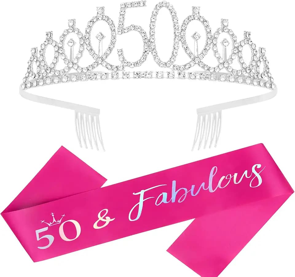 Semato 50th Birthday Tiara and Sash Kit - Hot Pink, Rhinestone, Alloy, Festive, Women's 50th Birthday Crown and Sash Set
