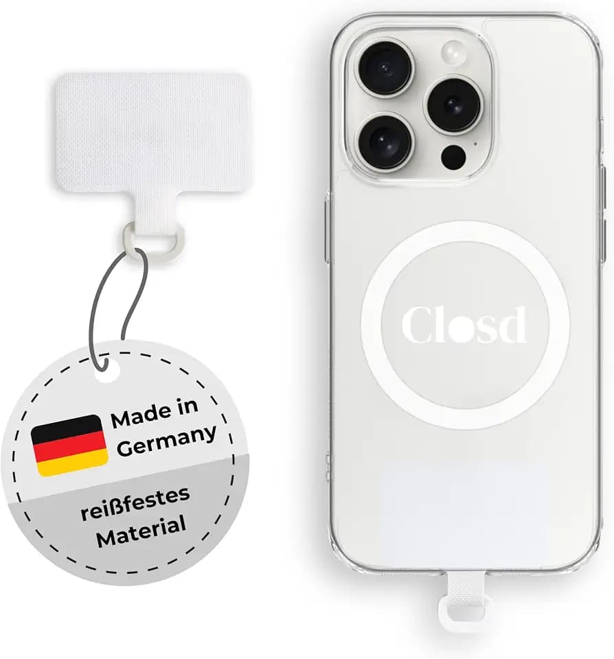 Closd Halterung für Handyketten, 3 Stück, extrem reißfest, absolut sicher, weiß, universal für jede Handyhülle, Made in Germany, sehr dünn nur 0,75 mm