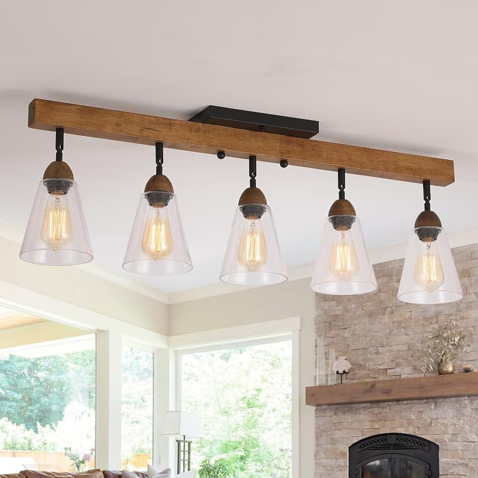 5-Light Large Rustic Farmhouse Wood Flush Mount Ceiling Light Fixture Clear Seeded Glass Shade and Oak Wood Track Semi Flush Mount Ceiling Light for Kitchen Living Room Bedroom Indoor, Black