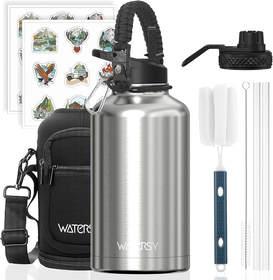 WATERSY Isolierte Edelstahl Trinkflasche 64oz Vakuumisolierte Thermosflasche mit 2 Deckel Auslaufsichere Wasserflasche 1890 ml Doppelwand Flasche Metall Sport für Sport, Camping, Gym