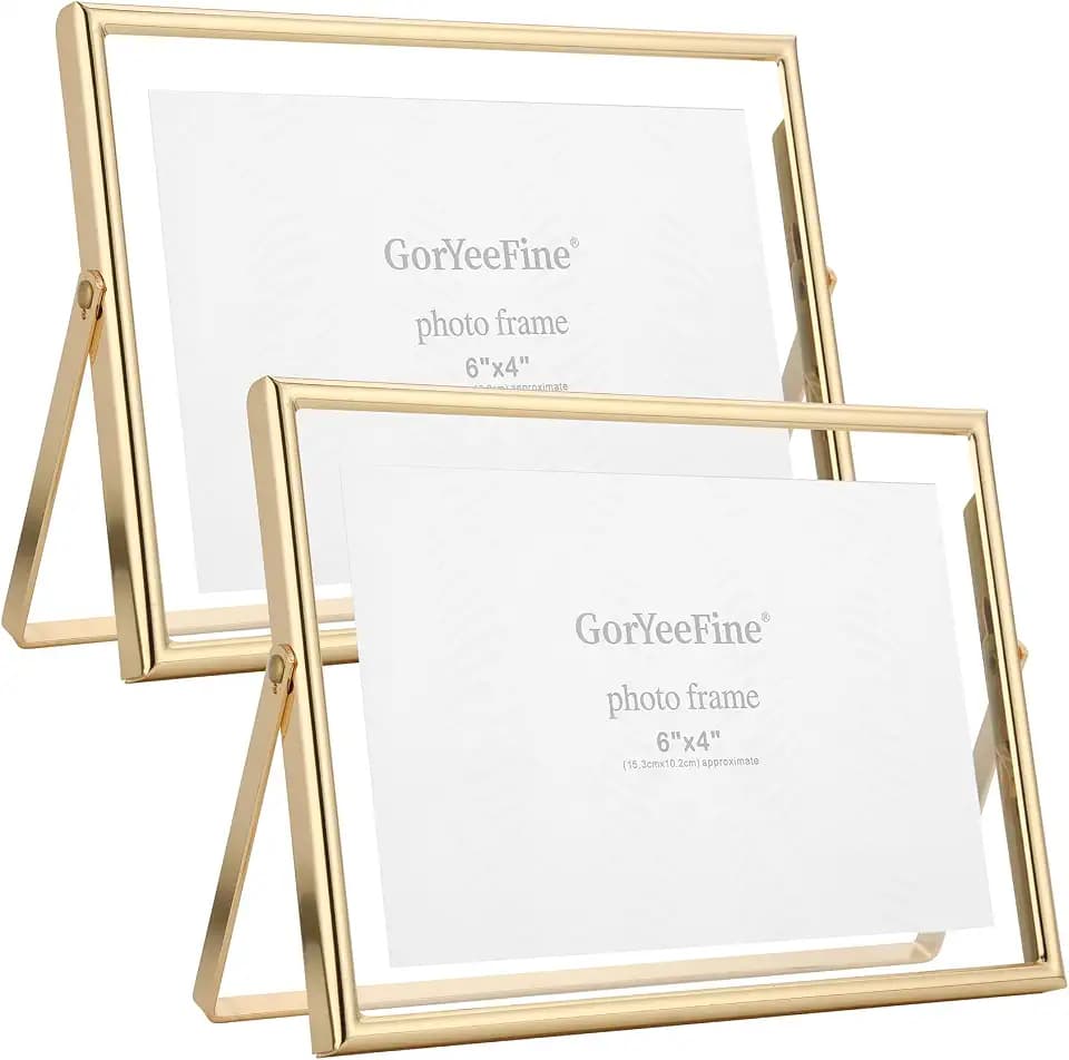 Gold 7x5 Floating Frame(Horizontal) 2pack for Photo Sizes(3.5x5'',4x6''),Classy Gold Frames Tabletop/Shelf display, for Wedding,Christmas,Birthady,Home or Office Decor.