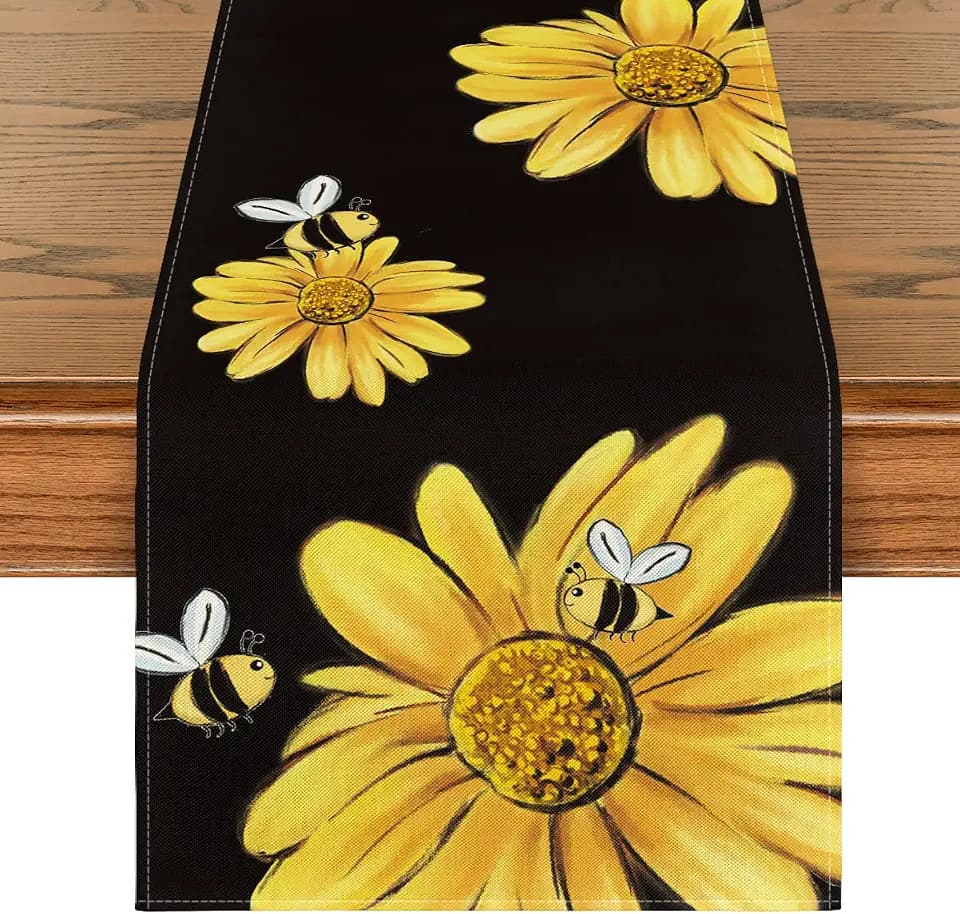 Artoid Mode Bee Sunflower Table Runner Black, Seasonal Spring Summer Flowers Holiday Kitchen Dining Table Decoration for Home Party Decor 13 x 90 Inch