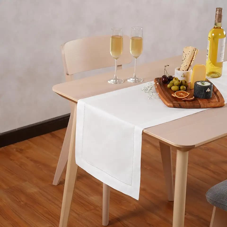 Home Ekaa White Table Runner 72 Inch – Cotton Linen Hemstitch Farmhouse Table Runner 14x72 – Washable Fabric for Dinning, Memorial Day, Easter, Wedding, Holiday & Everyday Decor-Serena