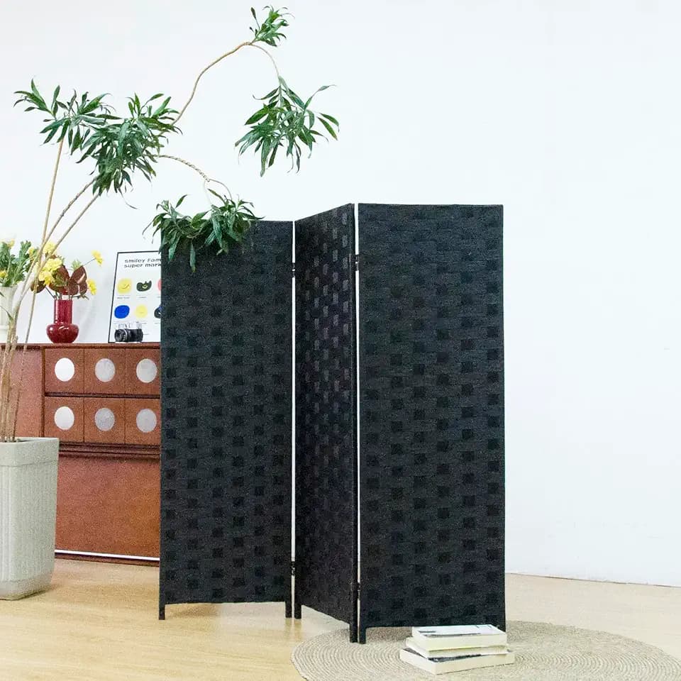 Furnnylane 3 Panel Double Sided Short Room Divider for Room Separation, Natural Black Rattan Folding Privacy Screen, Freestanding Partition Screen for Home Office - 3.95 ft Tall