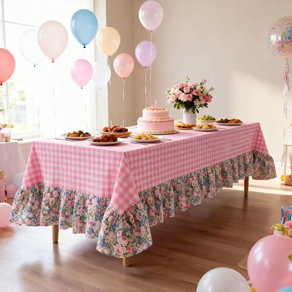 Moukeren Pink Gingham Ruffled Tablecloth Rectangular Cotton Linen